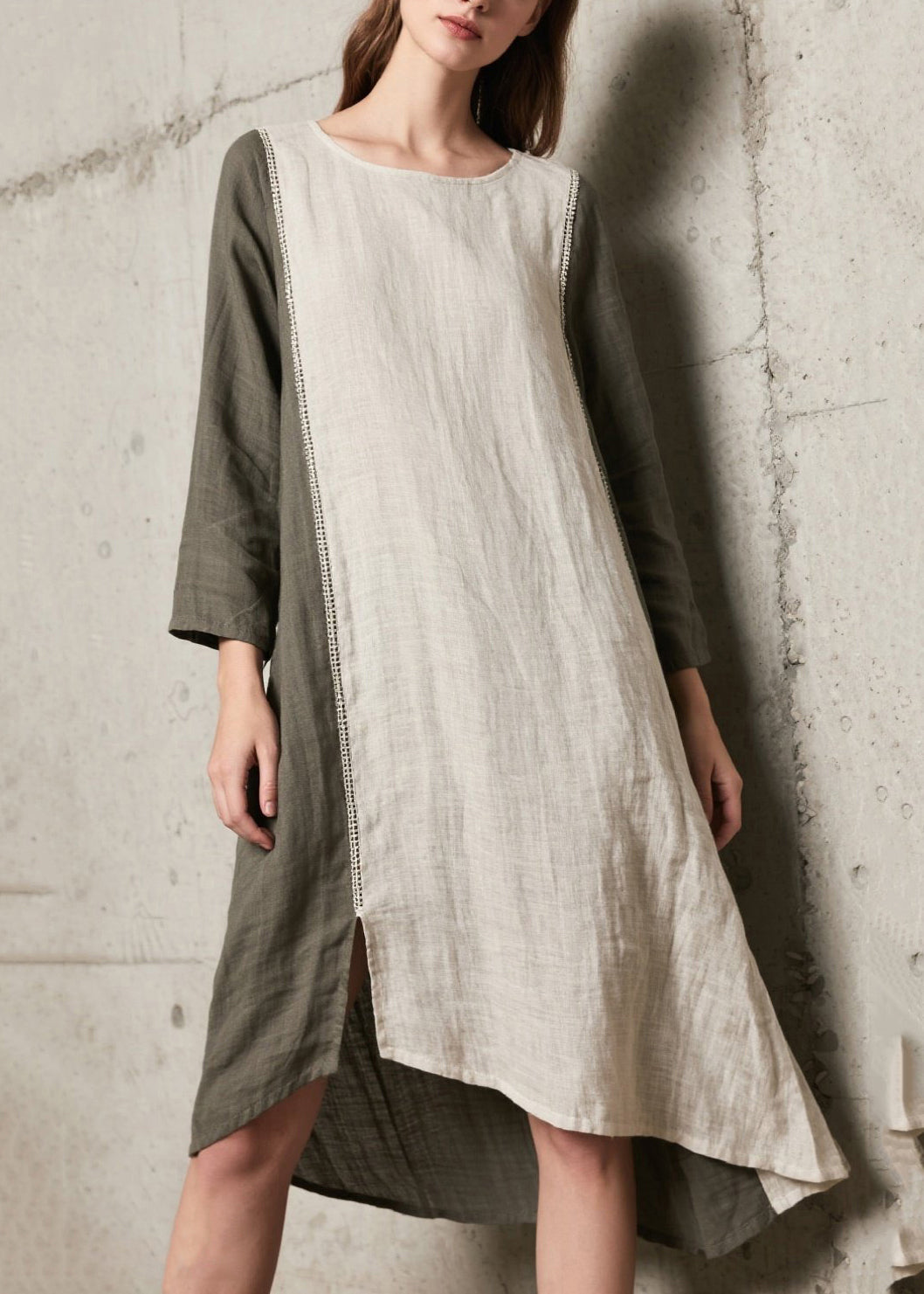 Crew Neck Ladder Stitch Panel Side Slit High Low Linen Midi Dress