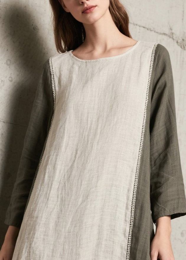 Crew Neck Ladder Stitch Panel Side Slit High Low Linen Midi Dress
