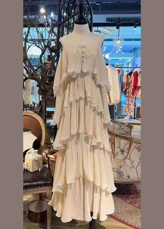 Square Neck Tie-Front Button Tiered Cape Sleeve Lace Trim Maxi Dress