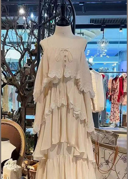 Square Neck Tie-Front Button Tiered Cape Sleeve Lace Trim Maxi Dress