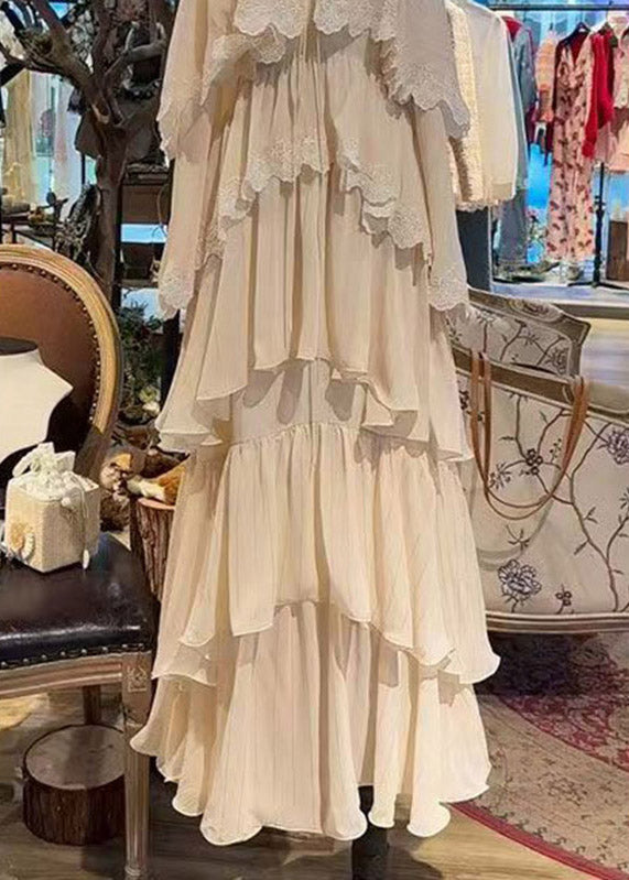 Square Neck Tie-Front Button Tiered Cape Sleeve Lace Trim Maxi Dress