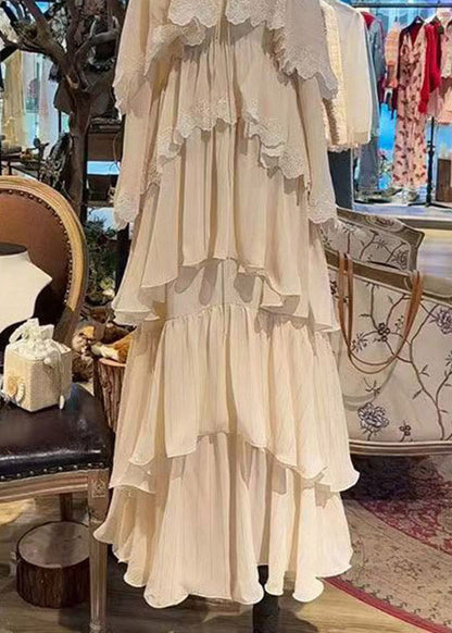 Square Neck Tie-Front Button Tiered Cape Sleeve Lace Trim Maxi Dress