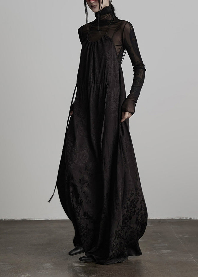 Spaghetti Strap Floral Jacquard Tiered Sheer Turtleneck Layered Dress