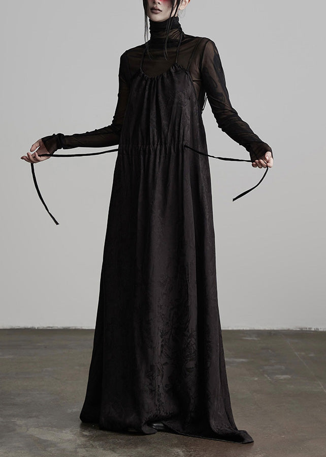 Spaghetti Strap Floral Jacquard Tiered Sheer Turtleneck Layered Dress