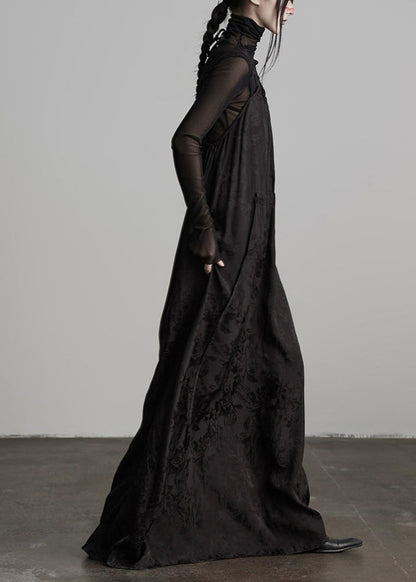 Spaghetti Strap Floral Jacquard Tiered Sheer Turtleneck Layered Dress