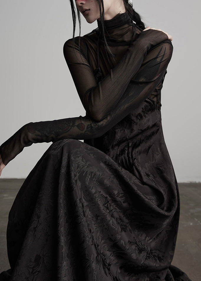 Spaghetti Strap Floral Jacquard Tiered Sheer Turtleneck Layered Dress