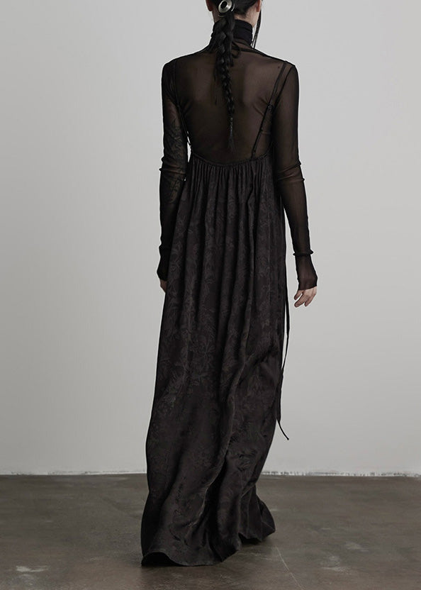 Spaghetti Strap Floral Jacquard Tiered Sheer Turtleneck Layered Dress