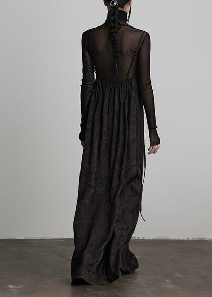 Spaghetti Strap Floral Jacquard Tiered Sheer Turtleneck Layered Dress