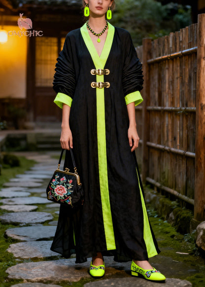 Deep V-Neck Contrast Trim Bar Buckle Ruched Puff Sleeve Satin Maxi Gown