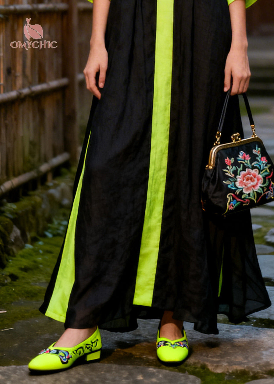 Deep V-Neck Contrast Trim Bar Buckle Ruched Puff Sleeve Satin Maxi Gown