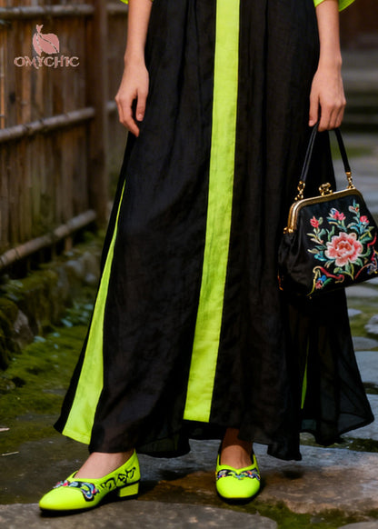 Deep V-Neck Contrast Trim Bar Buckle Ruched Puff Sleeve Satin Maxi Gown