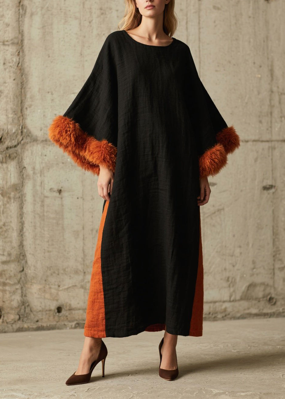 Round Neck Faux Fur Cuff Colorblock Panel Oversized Linen Kaftan Maxi Dress