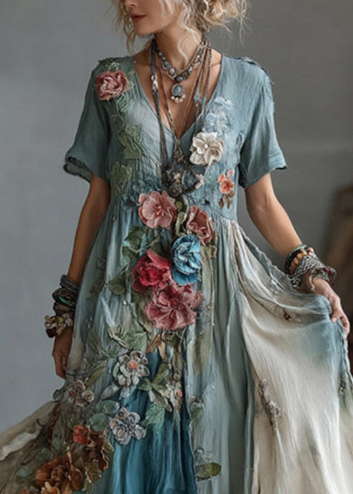 V-Neck Short Sleeve 3D Floral Layered Asymmetrical Hem Maxi Dress