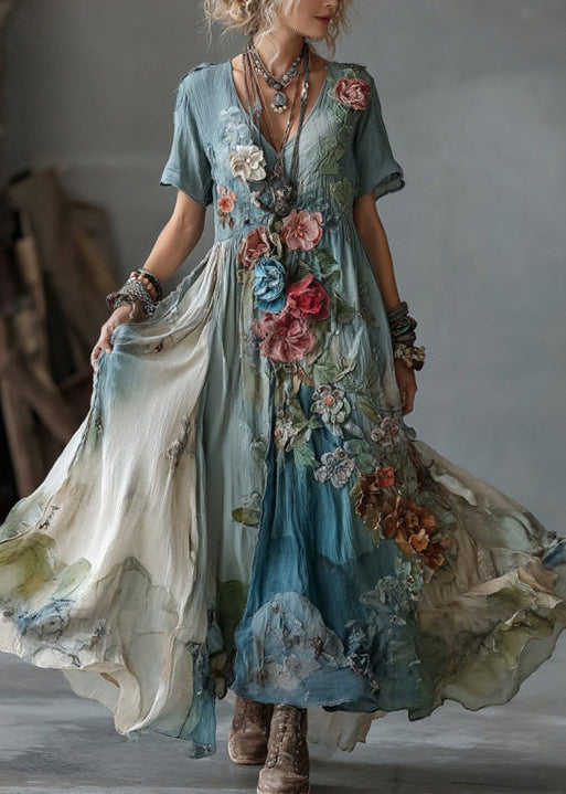 V-Neck Short Sleeve 3D Floral Layered Asymmetrical Hem Maxi Dress