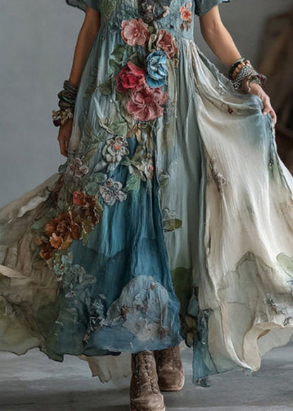 V-Neck Short Sleeve 3D Floral Layered Asymmetrical Hem Maxi Dress