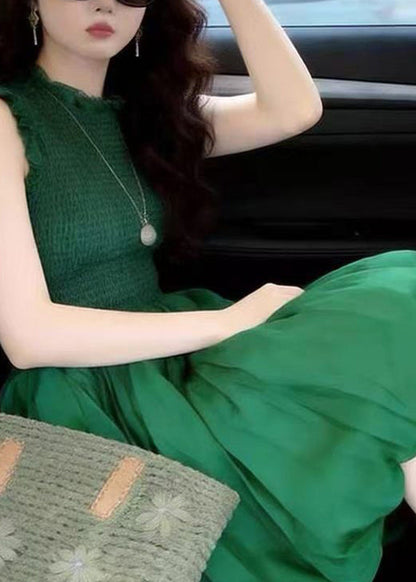 Mock Neck Ruffle Trim Smocked Bodice Flowy Chiffon Midi Dress