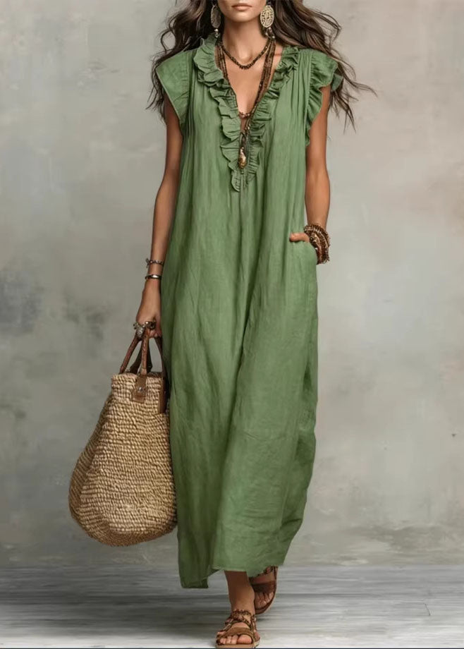 Ruffle Trim V Neck Sleeveless Linen Pocket Maxi Dress