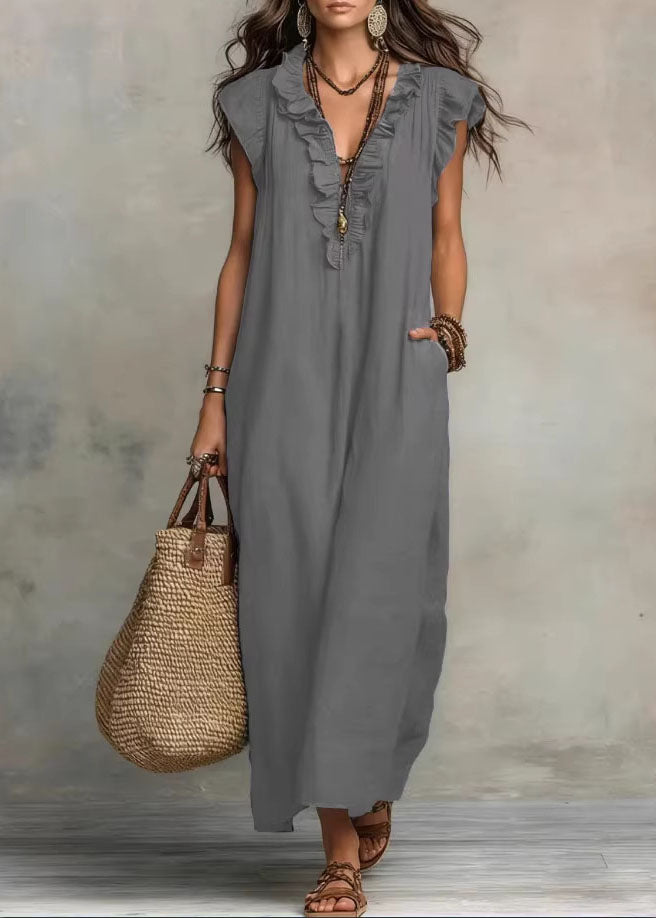 Ruffle Trim V Neck Sleeveless Linen Pocket Maxi Dress