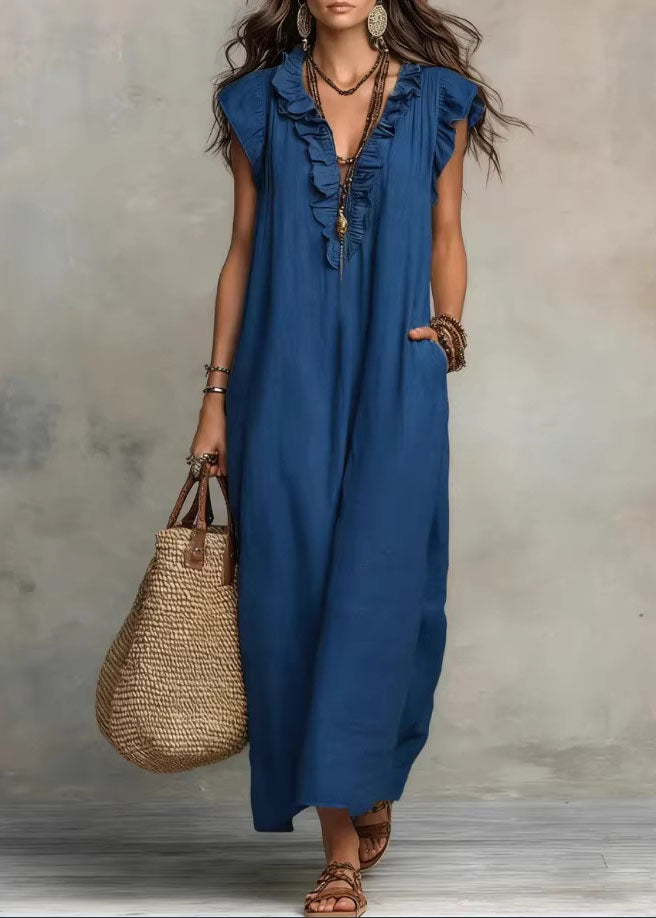 Ruffle Trim V Neck Sleeveless Linen Pocket Maxi Dress