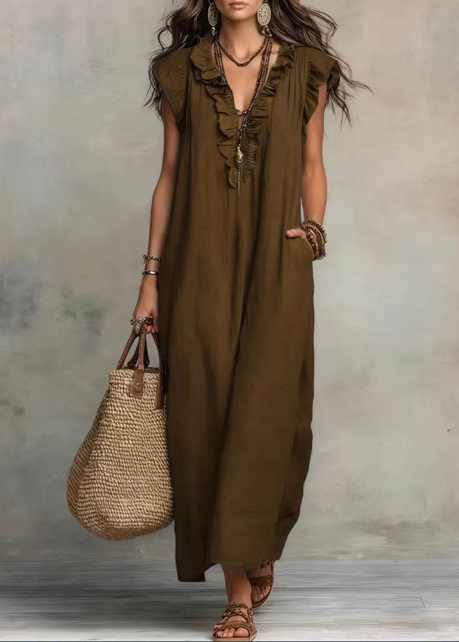 Ruffle Trim V Neck Sleeveless Linen Pocket Maxi Dress