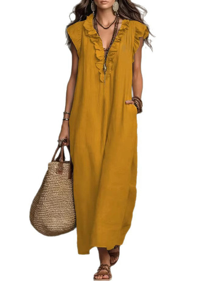 Ruffle Trim V Neck Sleeveless Linen Pocket Maxi Dress