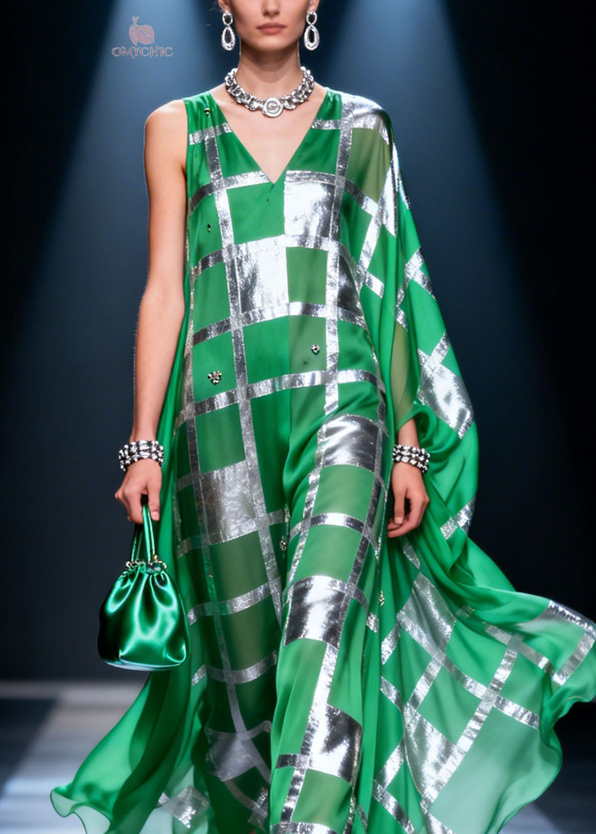 Asymmetric Deep V-Neck Metallic Plaid Crystal Floral Applique Cape Sleeve Maxi Gown