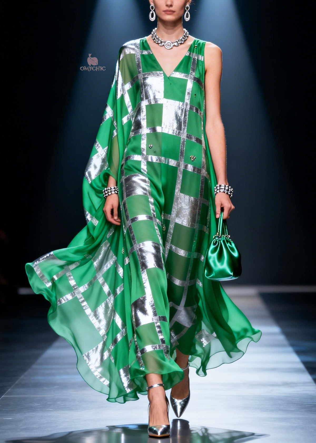 Asymmetric Deep V-Neck Metallic Plaid Crystal Floral Applique Cape Sleeve Maxi Gown