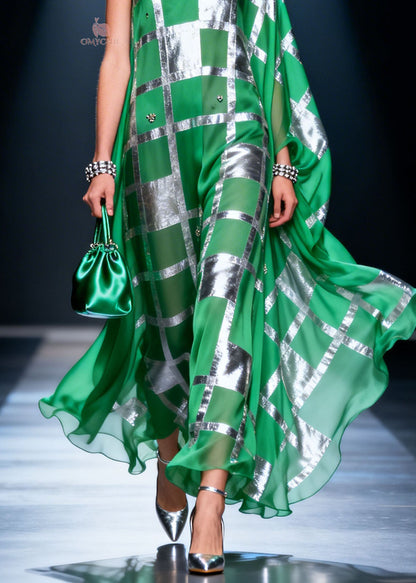 Asymmetric Deep V-Neck Metallic Plaid Crystal Floral Applique Cape Sleeve Maxi Gown