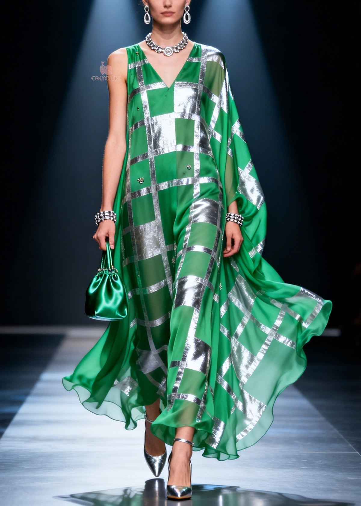 Asymmetric Deep V-Neck Metallic Plaid Crystal Floral Applique Cape Sleeve Maxi Gown