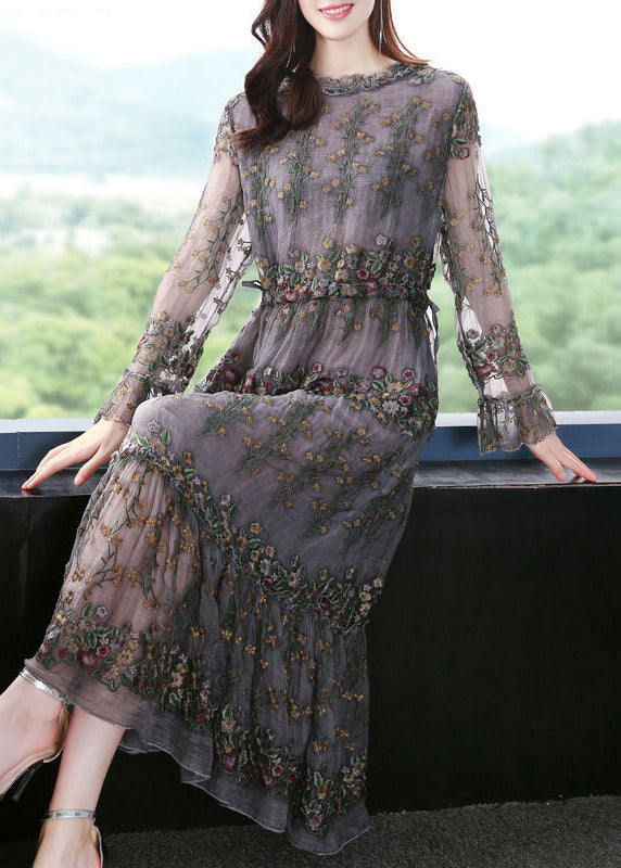 Floral Embroidered Tiered Gauze Long Sleeve Midi Dress