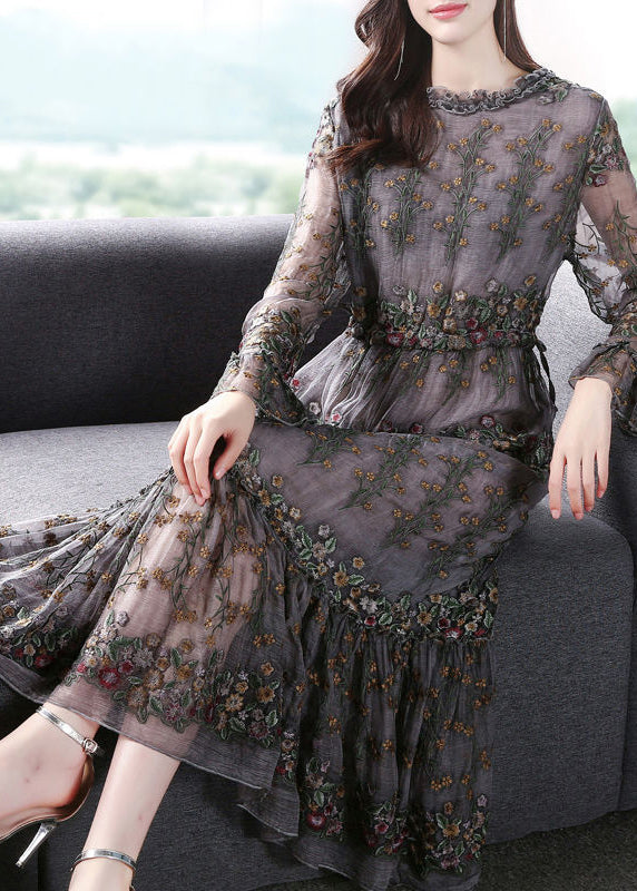 Floral Embroidered Tiered Gauze Long Sleeve Midi Dress