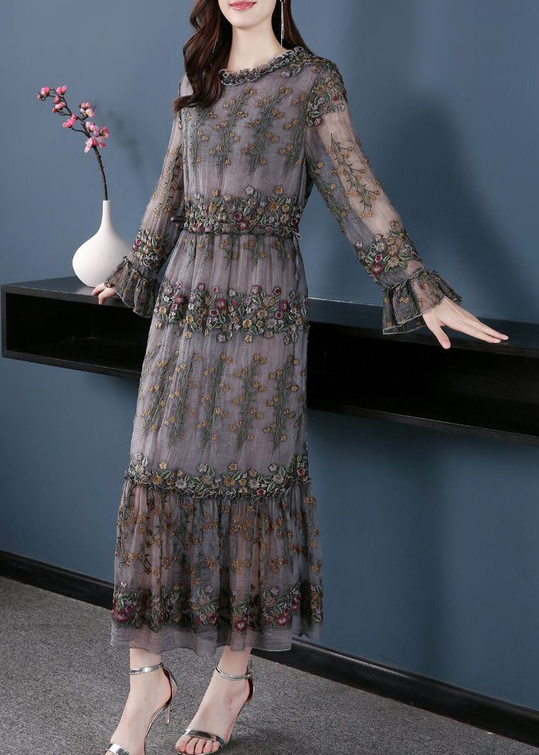 Floral Embroidered Tiered Gauze Long Sleeve Midi Dress