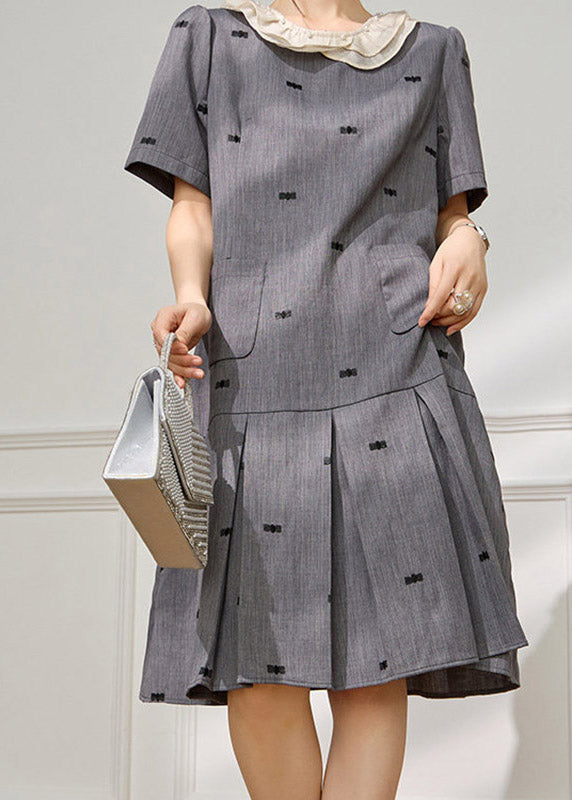 Peter Pan Pearl Trim Bow Embroidery Short Sleeve Pleated Midi Dress