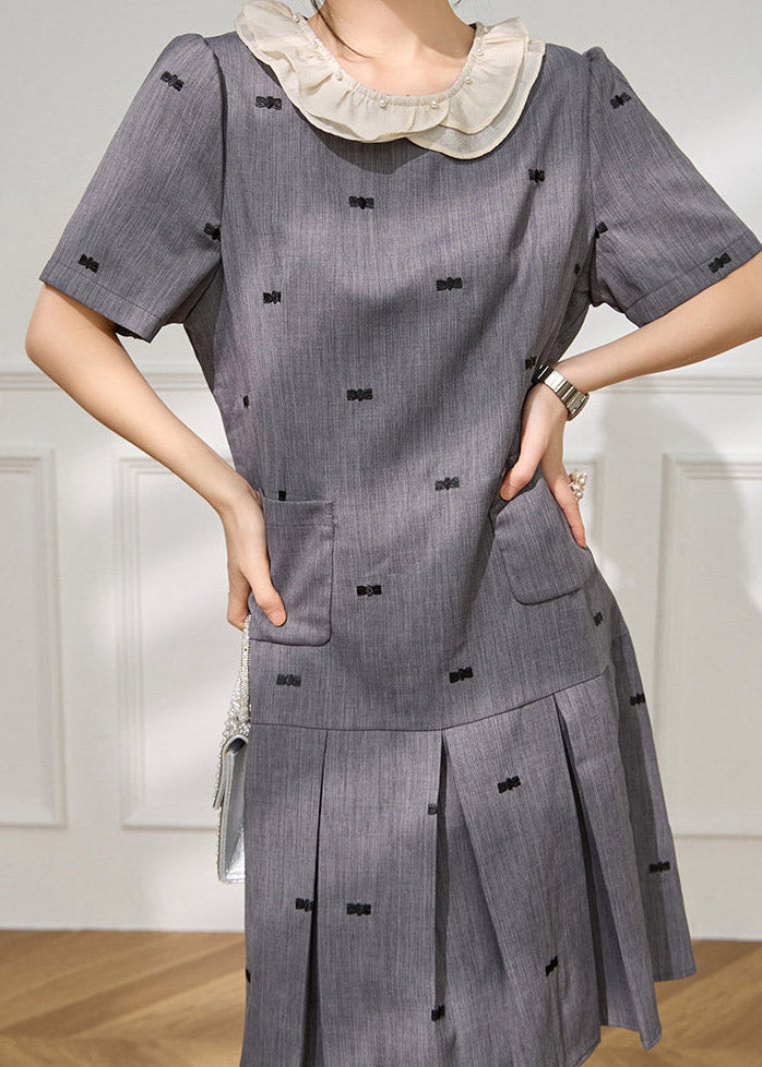 Peter Pan Pearl Trim Bow Embroidery Short Sleeve Pleated Midi Dress