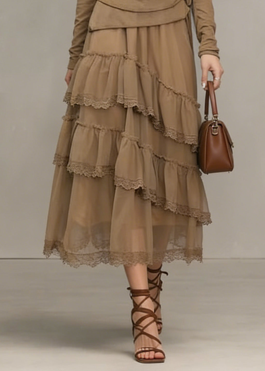 Scoop Neck Asymmetric Ruffle Wrap Waist Lace Tier Mesh Midi Dress
