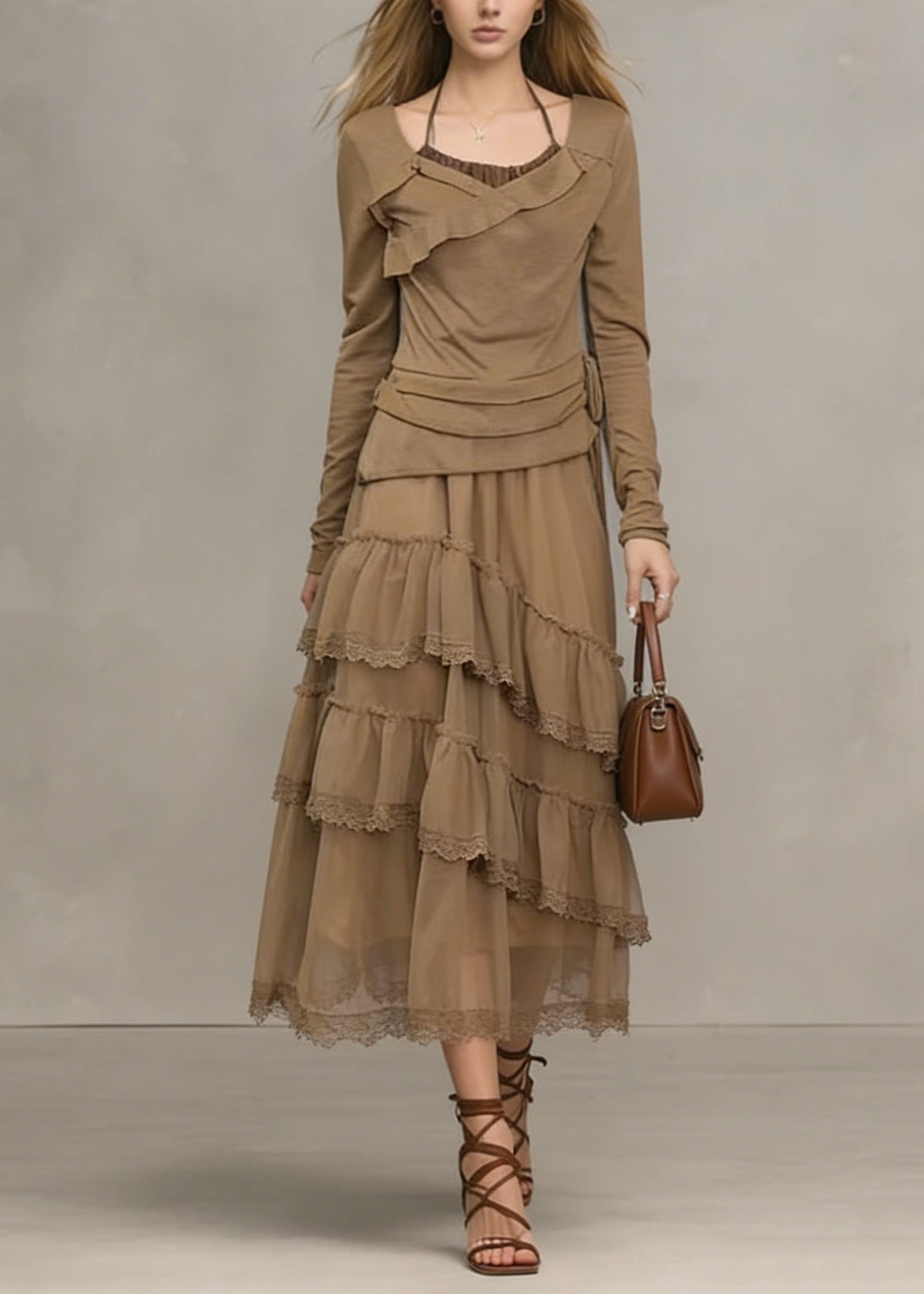 Scoop Neck Asymmetric Ruffle Wrap Waist Lace Tier Mesh Midi Dress