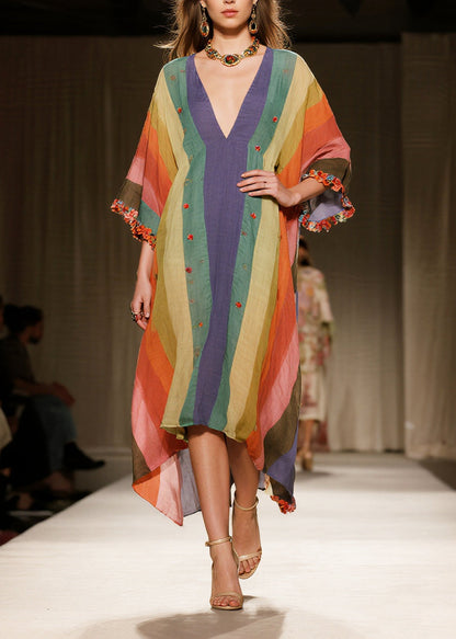 Deep V Neck Vertical Stripe Floral Embroidery Fringe Kaftan Midi Dress