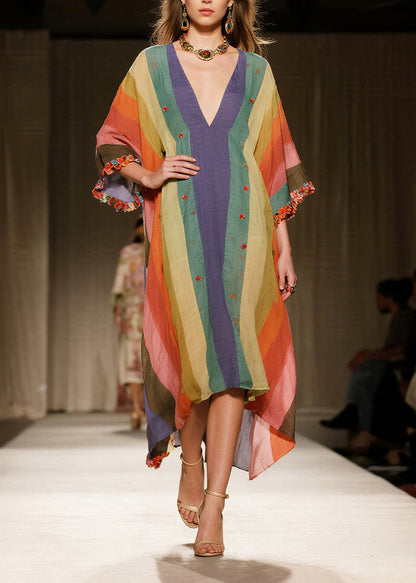 Deep V Neck Vertical Stripe Floral Embroidery Fringe Kaftan Midi Dress