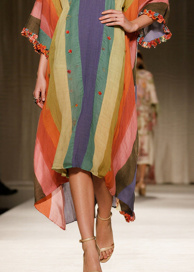 Deep V Neck Vertical Stripe Floral Embroidery Fringe Kaftan Midi Dress