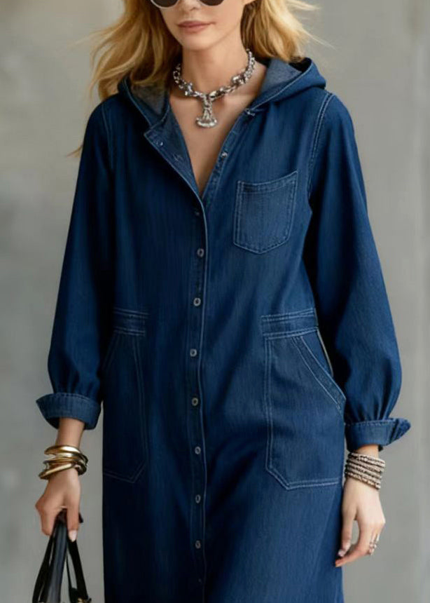 Hooded Button Front Patch Pocket Denim Shirt Dress