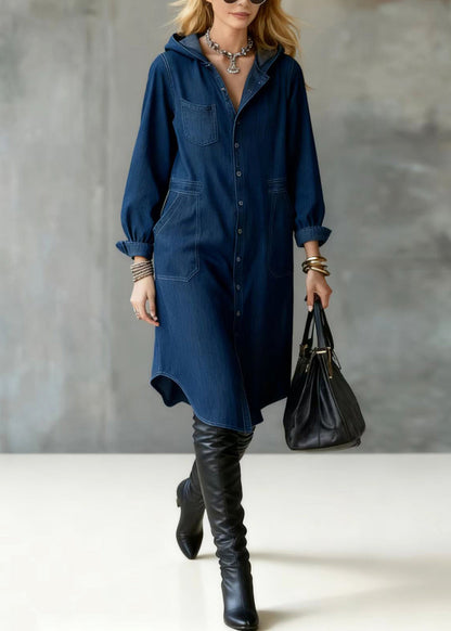 Hooded Button Front Patch Pocket Denim Shirt Dress