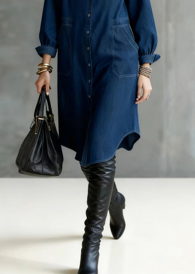 Hooded Button Front Patch Pocket Denim Shirt Dress