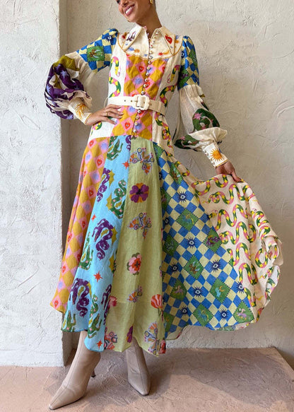 Pointed Collar Button Down Bishop Sleeve Patchwork Print Belted Maxi Dress