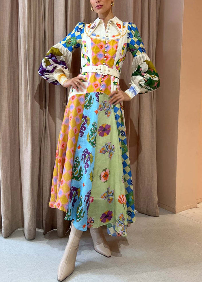 Pointed Collar Button Down Bishop Sleeve Patchwork Print Belted Maxi Dress