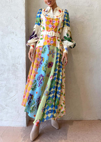 Pointed Collar Button Down Bishop Sleeve Patchwork Print Belted Maxi Dress