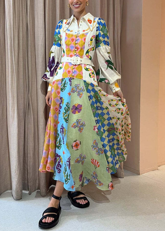 Pointed Collar Button Down Bishop Sleeve Patchwork Print Belted Maxi Dress