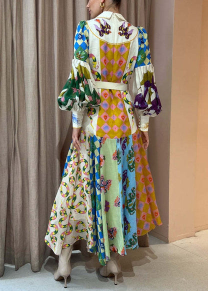 Pointed Collar Button Down Bishop Sleeve Patchwork Print Belted Maxi Dress