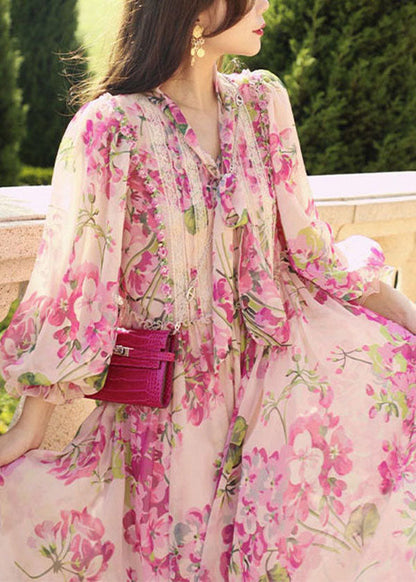 V-Neck Pussy Bow Lace Panel Balloon Sleeve Floral Chiffon Midi Dress