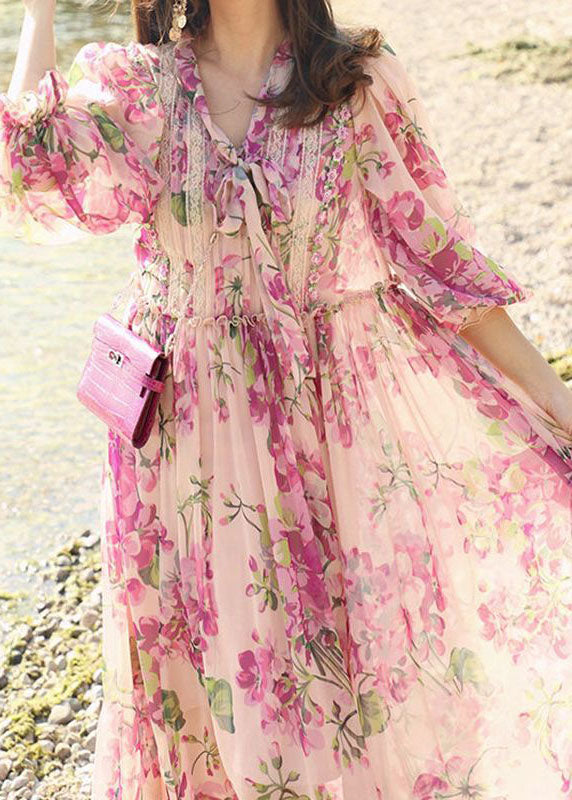 V-Neck Pussy Bow Lace Panel Balloon Sleeve Floral Chiffon Midi Dress
