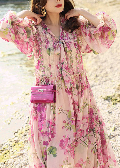 V-Neck Pussy Bow Lace Panel Balloon Sleeve Floral Chiffon Midi Dress